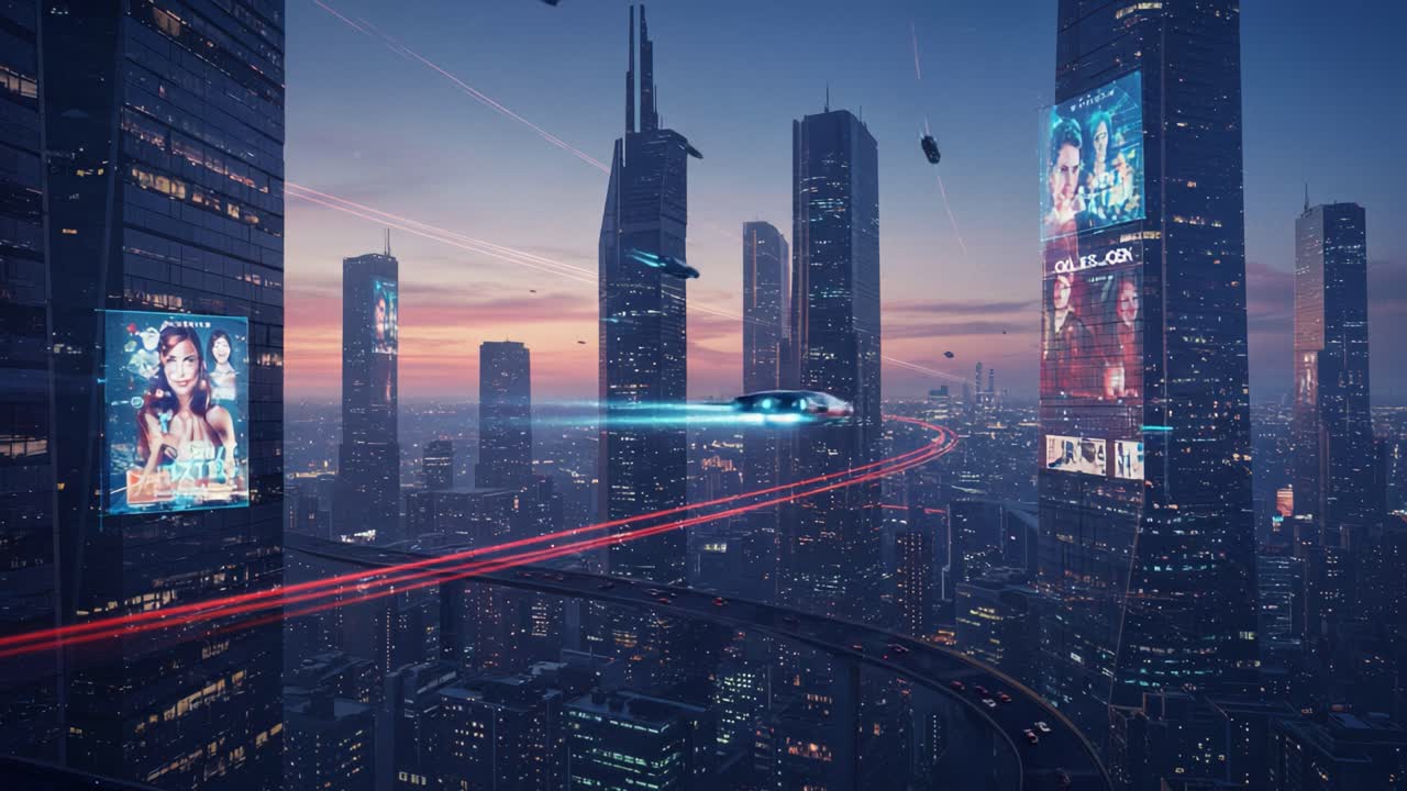 Futuristic Cityscape: A Glimpse into a High-Tech Urban Environment with Flying Vehicles, Neon Advertisements, and Imposing Skyscrapers Against a Twilight Sky