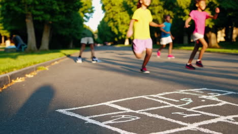 children playing hopscotch outdoors