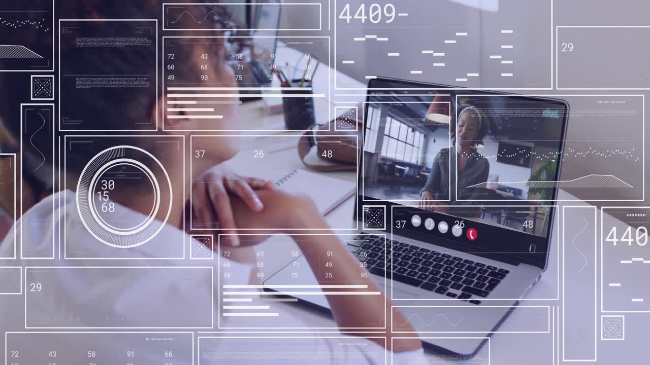 Woman leaning at desk watching laptop for education, presenter speaking causing HUD updating charts