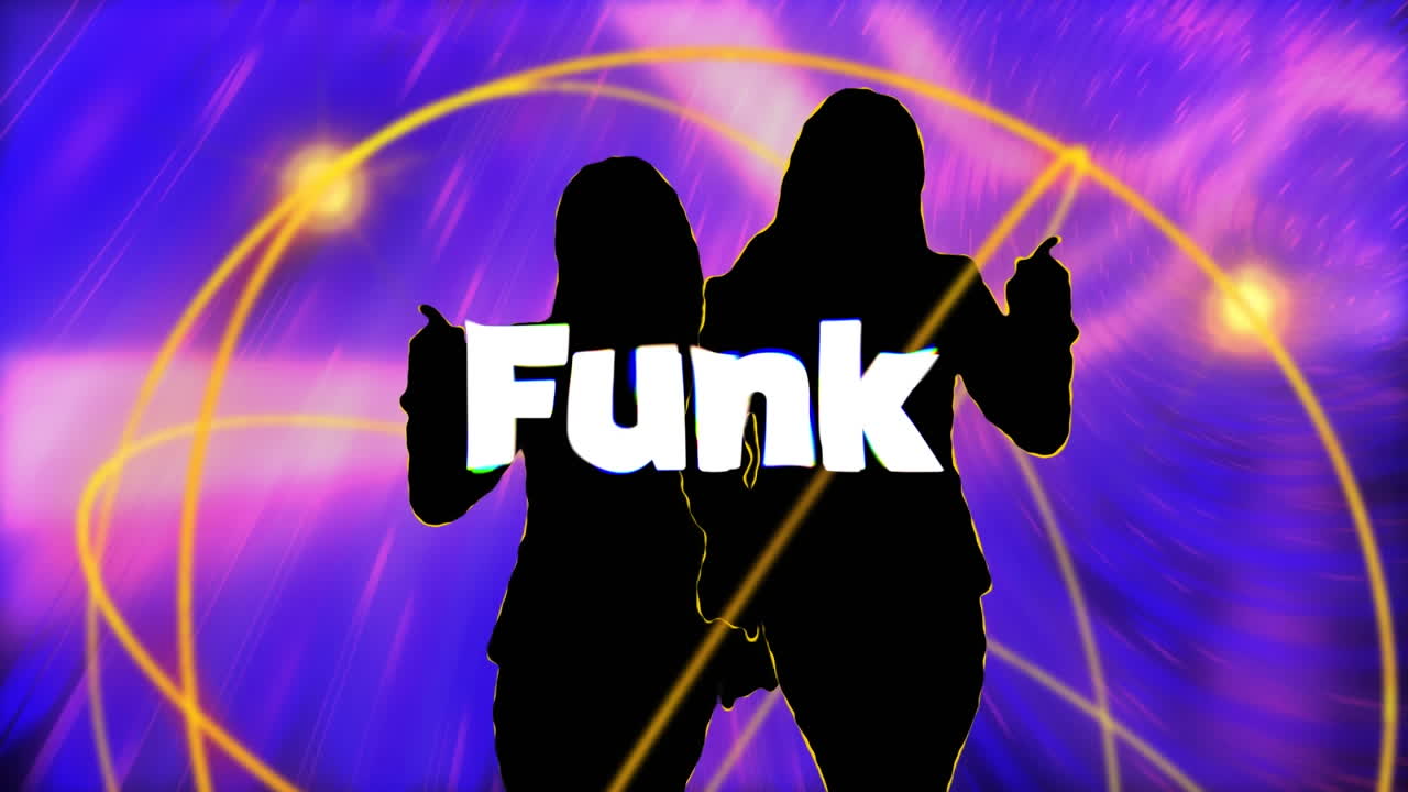 Animation of funk text over geometrical shapes and dancing people