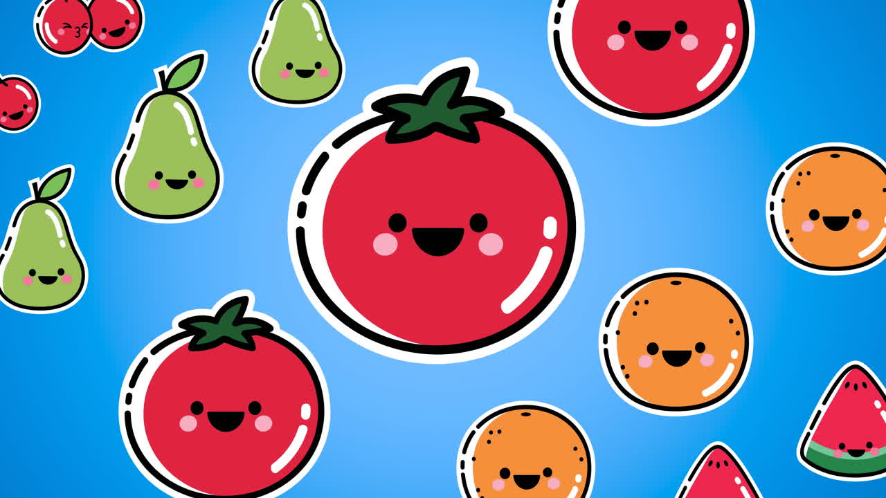 animación de varios iconos de frutas sobre un fondo azul