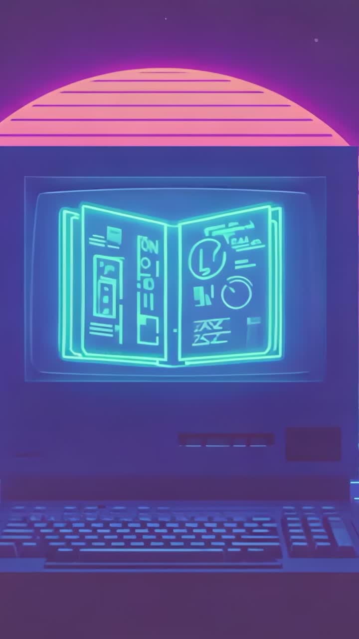 Vertical video: CRT monitor powering on, displaying pulsing schematic in synthwave studio on table