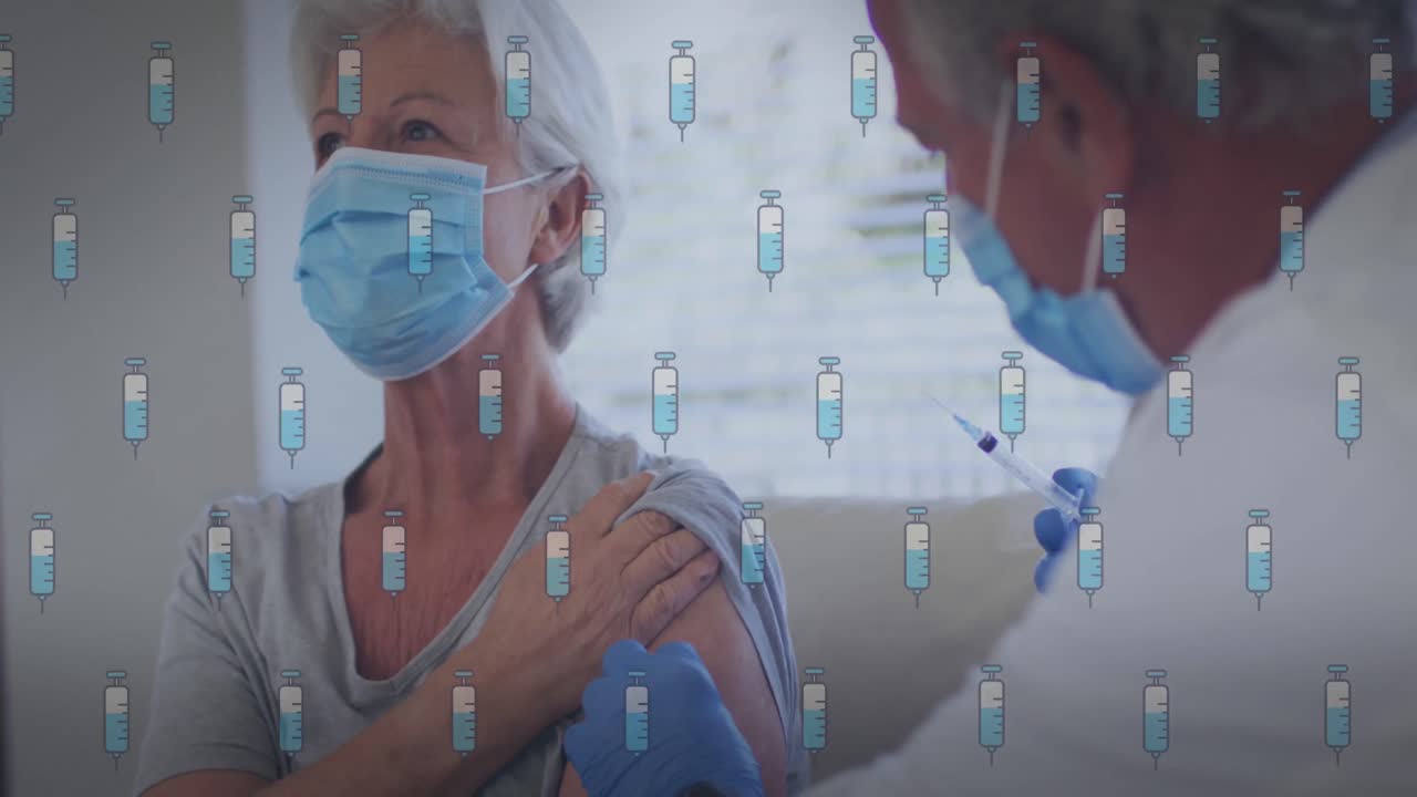 animación de un médico caucásico con un paciente sobre los iconos de la vacuna