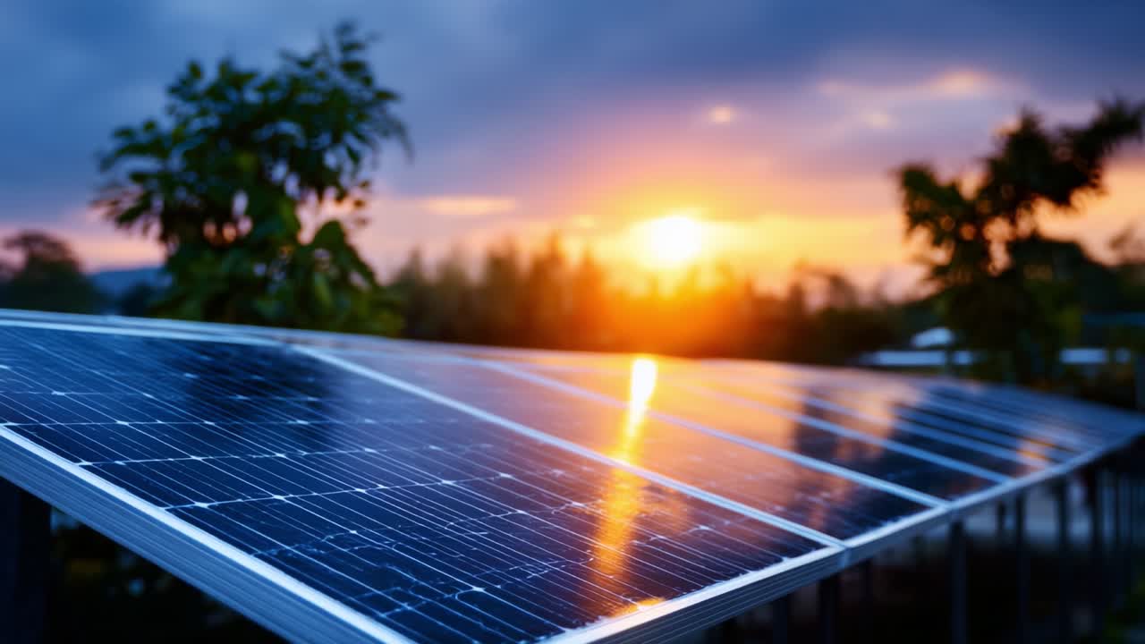 Sunset Over Solar Panels: Capturing the Harmony Between Renewable Energy and Nature's Beauty in Golden Light