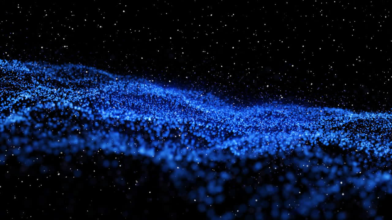 Animation of undulating glowing blue network and white particles on black background