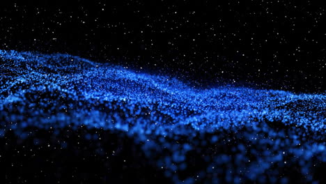 animation of undulating glowing blue network and white particles on black background