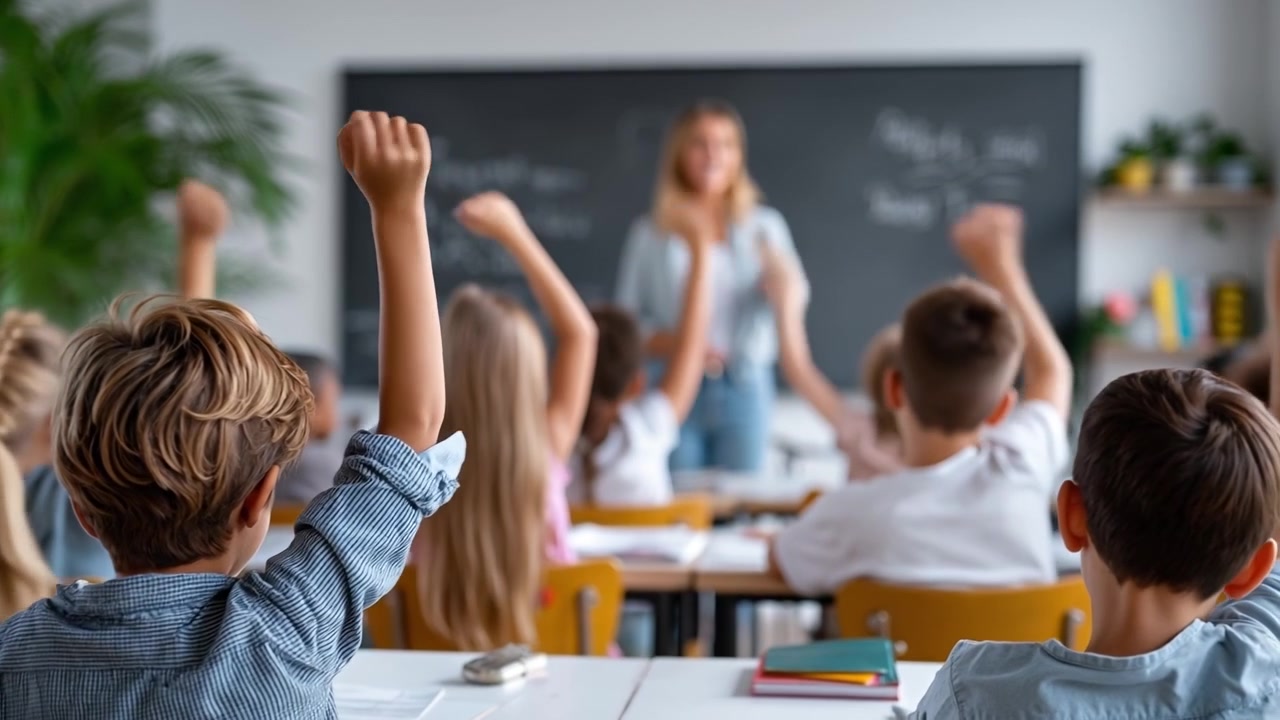 Kvindelig lærer smiler til folkeskoleelever, der rækker hænderne op under en lektion i et klasseværelse.