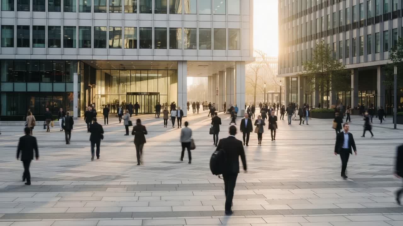A Bustling Urban Scene Captured in the Golden Hour: People Walking Through a Modern Business District Amidst Glowing Sunlight and Reflective Glass Architecture