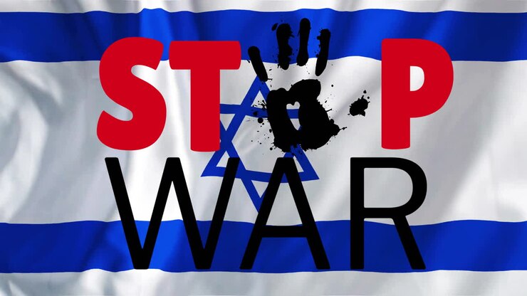 Animasjon av teksten «Stopp krigen» over Israels flagg.