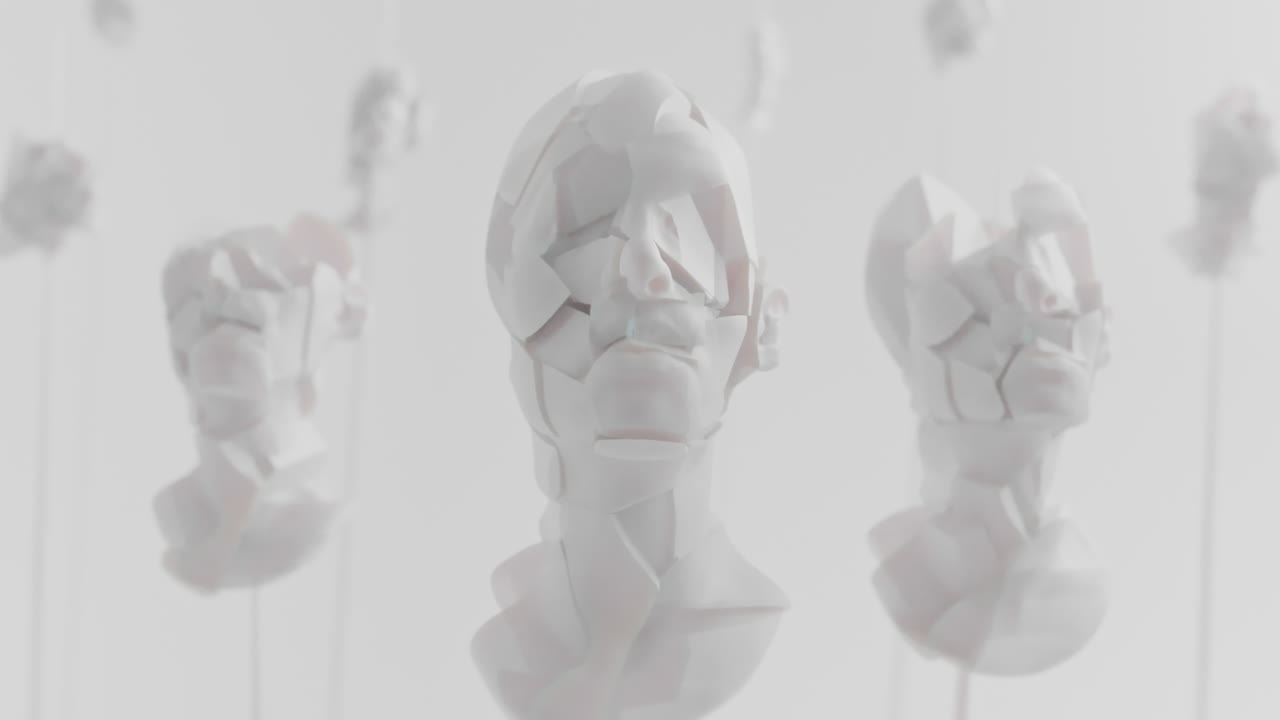 Multiple crushed android heads on spikes in white space