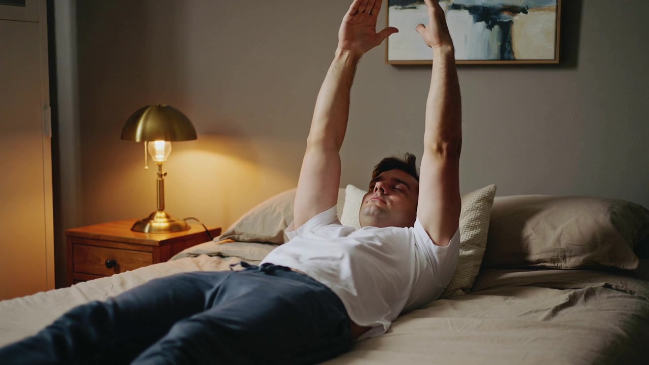 Uomo adulto che si stira, indossando una maglietta bianca, alzando le braccia verso l'esterno per svegliarsi in una camera da letto con una lampada.