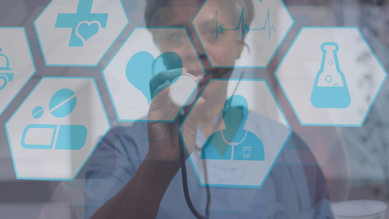 아이콘의 애니메이션과 두 인종의 여성 의사에 대한 의료 데이터 처리