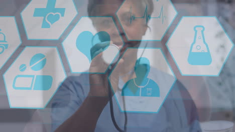 animación de iconos y procesamiento de datos médicos sobre una doctora biracial