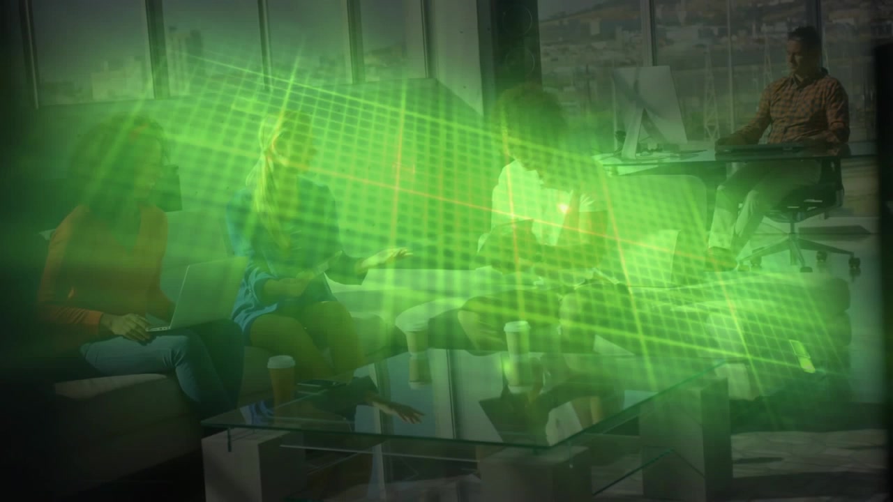 Animation of heart rate monitor over group of diverse colleagues discussing together at office