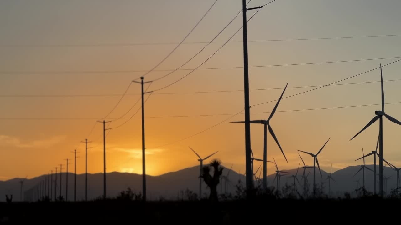líneas eléctricas de silueta y turbinas eólicas giratorias durante la puesta de sol naranja en la carretera del desierto de mojave