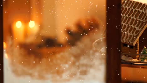 animation of christmas seasons greetings with snow falling over christmas decorations