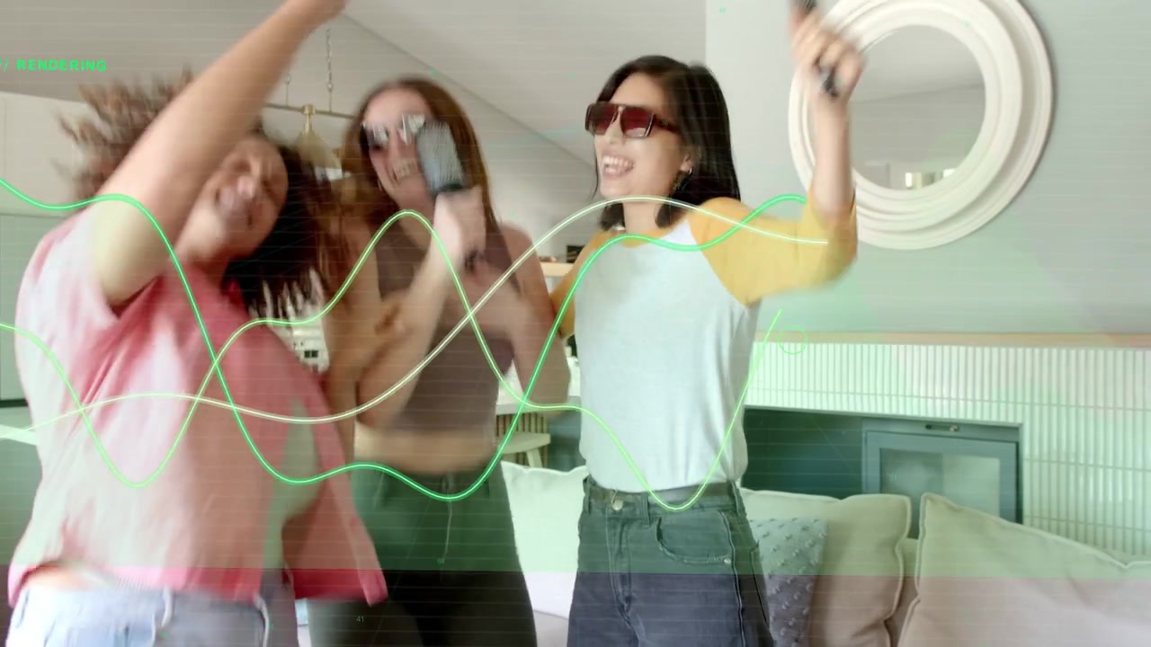 Musica che inizia con due donne che cantano con microfoni, una terza si unisce, con un'overlay di forma d'onda verde che appare per divertimento