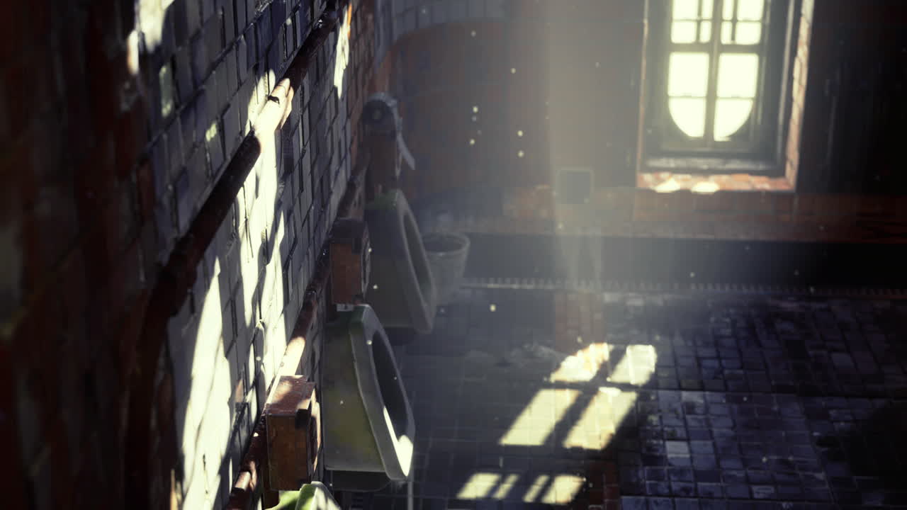 Light streaming through a window in a quiet rustic bathroom