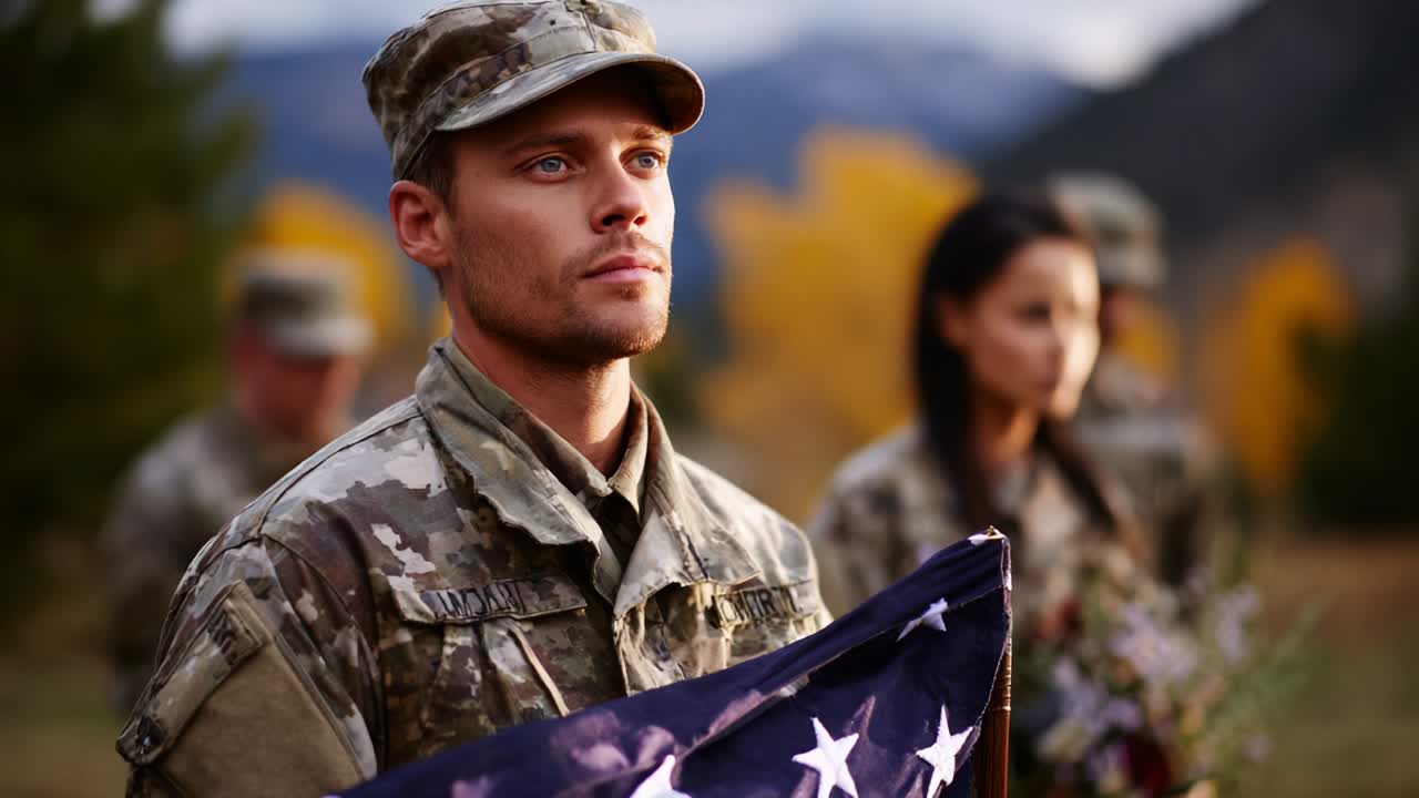 A soldier stands proudly holding the American flag, embodying the spirit of patriotism and resilience, surrounded by fellow servicemen and women against a backdrop of autumn colors and mountainous terrain