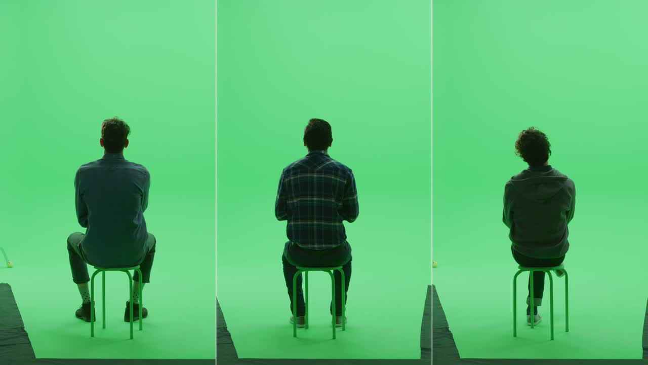 3 인 1 녹색 스크린 콜라지: 다양한 배경, 민족, 연령, 스타일의 세 명의 잘생긴 남자들이 크로마 키 의자에 앉아 있습니다.