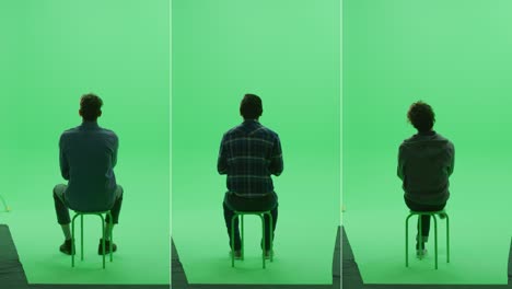 colage de pantalla verde 3-en-1: tres hombres guapos de diversos orígenes, etnias, edades diferentes, estilo sentados en la silla de la llave de croma. pantalla dividida de vista trasera. múltiples clips mejor paquete de valor