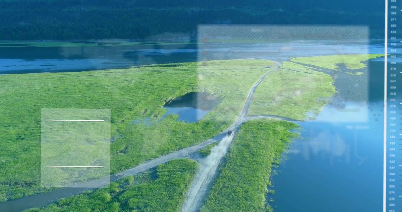 Aerial tracking marsh spit road, vehicle appearing triggers HUD showing pond and map marks for maps