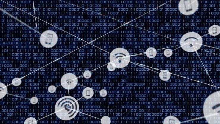 Animation of network of connections with icons over data processing on black background