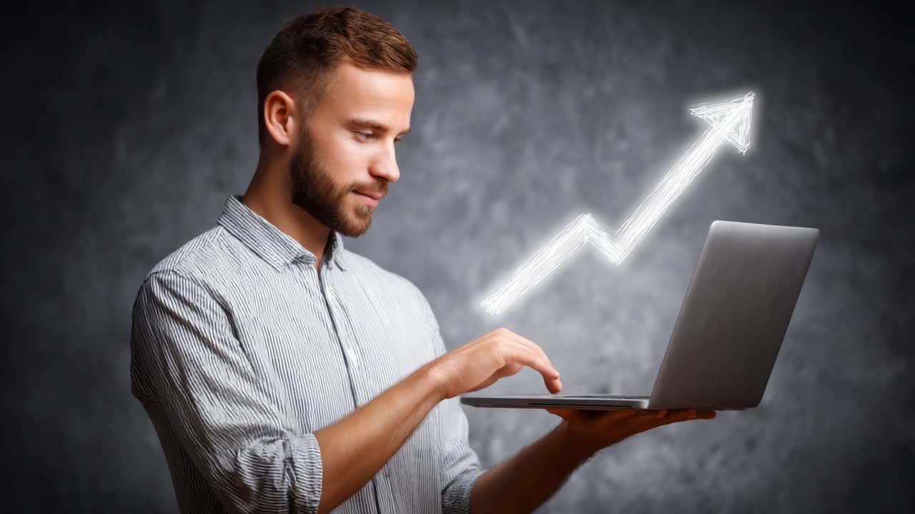 A young man working on his laptop with a clear upward trend illustrated, symbolizing growth and success in digital tasks and personal development