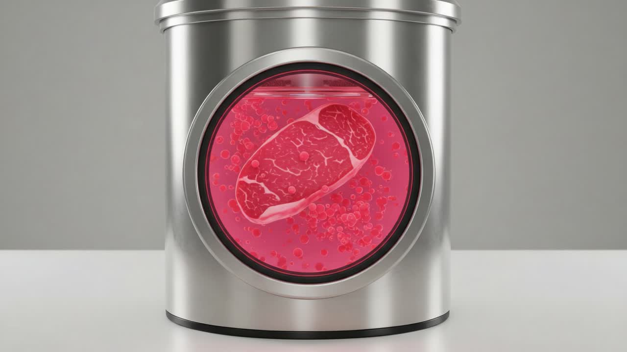 A Bizarre Visual of a Meat-Like Object Suspended in a Vivid Red Liquid Inside a Sleek Metal Container, Exploring Concepts of Preservation and Abstract Art