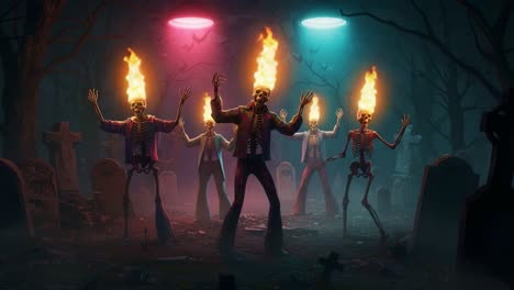 fiery skeletons dance under eerie lights in a graveyard, combining elements of horror and celebration in a spooky scene