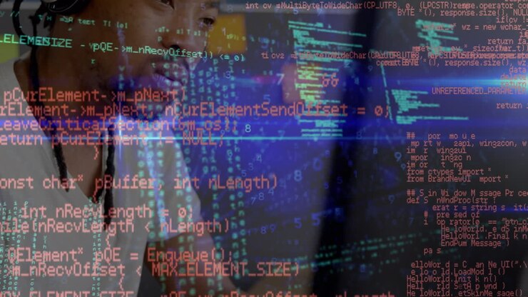 Animation of data processing over african american businessman in office