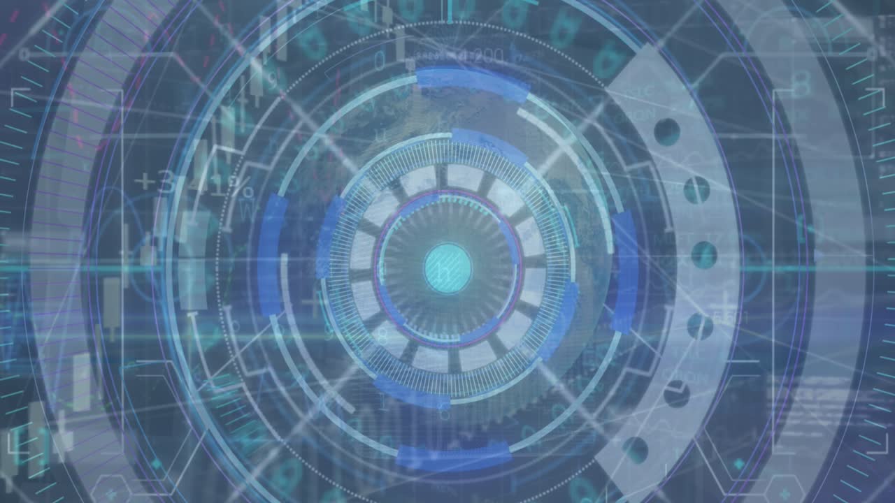 Animation of scope scanning over data processing and network of connections on black background