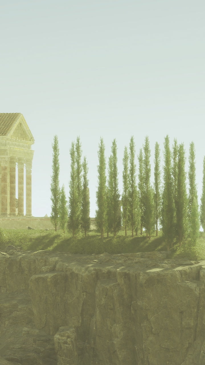 Ancient temple stands tall among serene trees under soft morning light