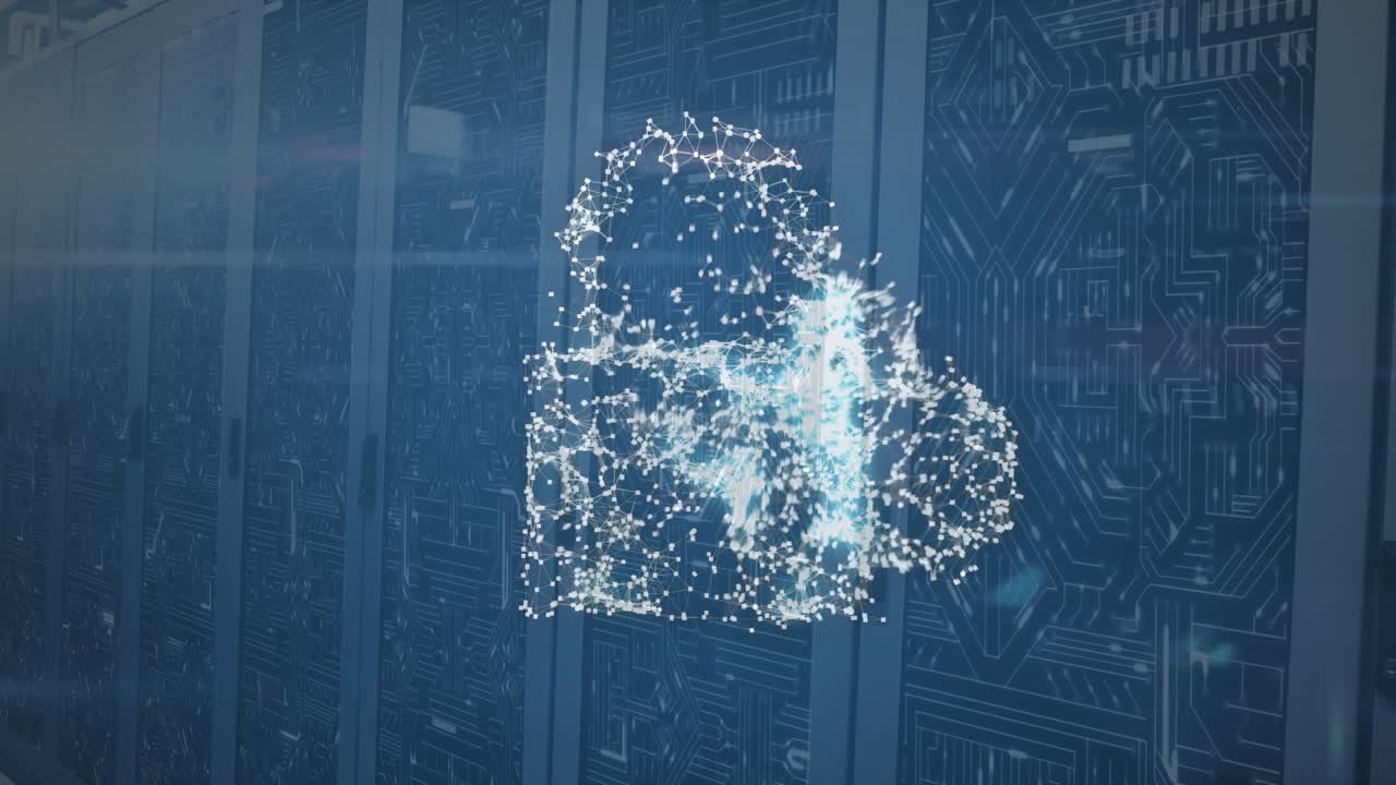 Animation of cloud, security padlock and shield icon against computer server room
