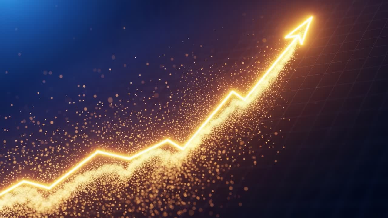 An Inspiring Visualization of Growth: A Dynamic Graph Illustrating an Upward Trend with Sparkling Particles and Glowing Lines Representing Success
