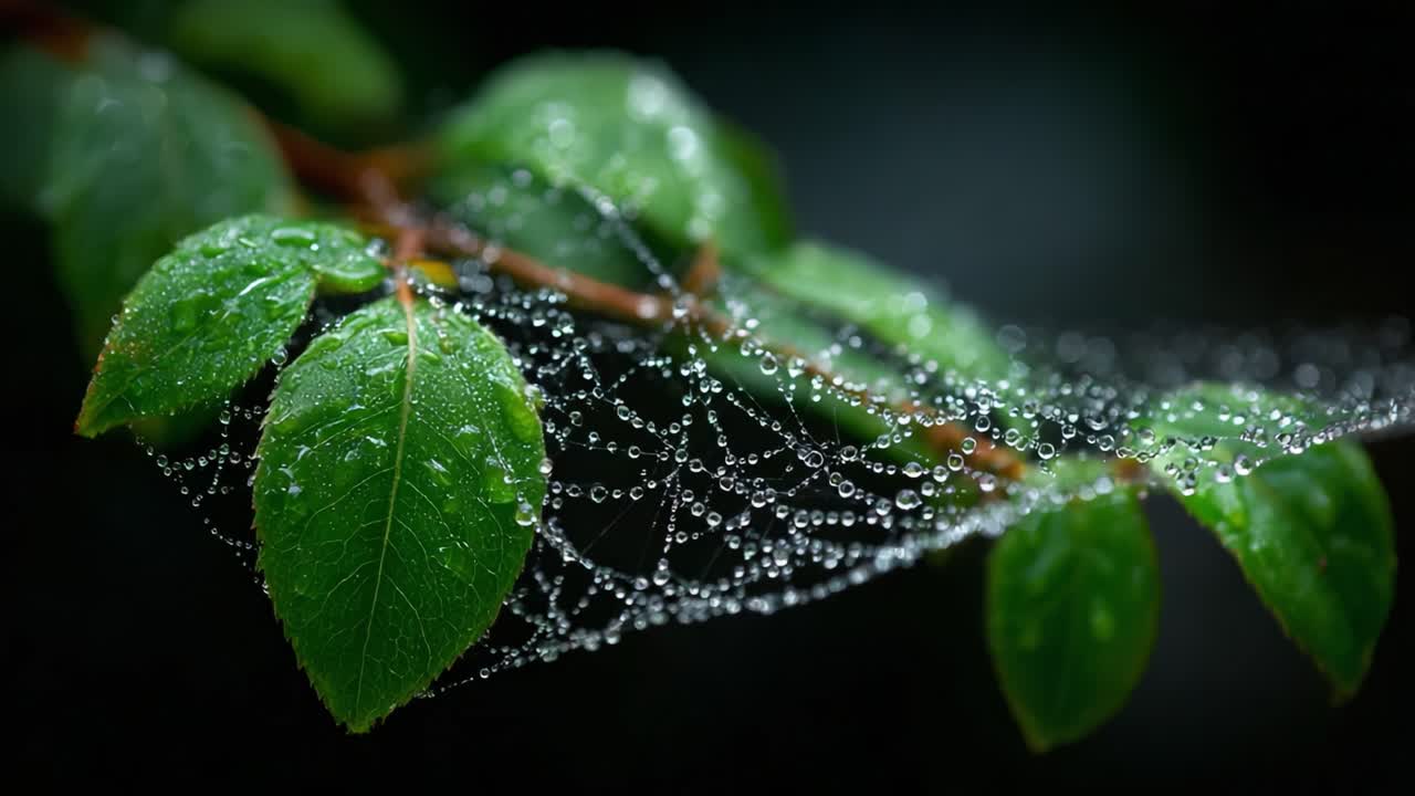 A Glimmering Web of Dewdrops on Green Leaves: Nature's Intricate Beauty Captured in the Early Morning Light with Delicate Spidersilk Threads Reflecting the Sun