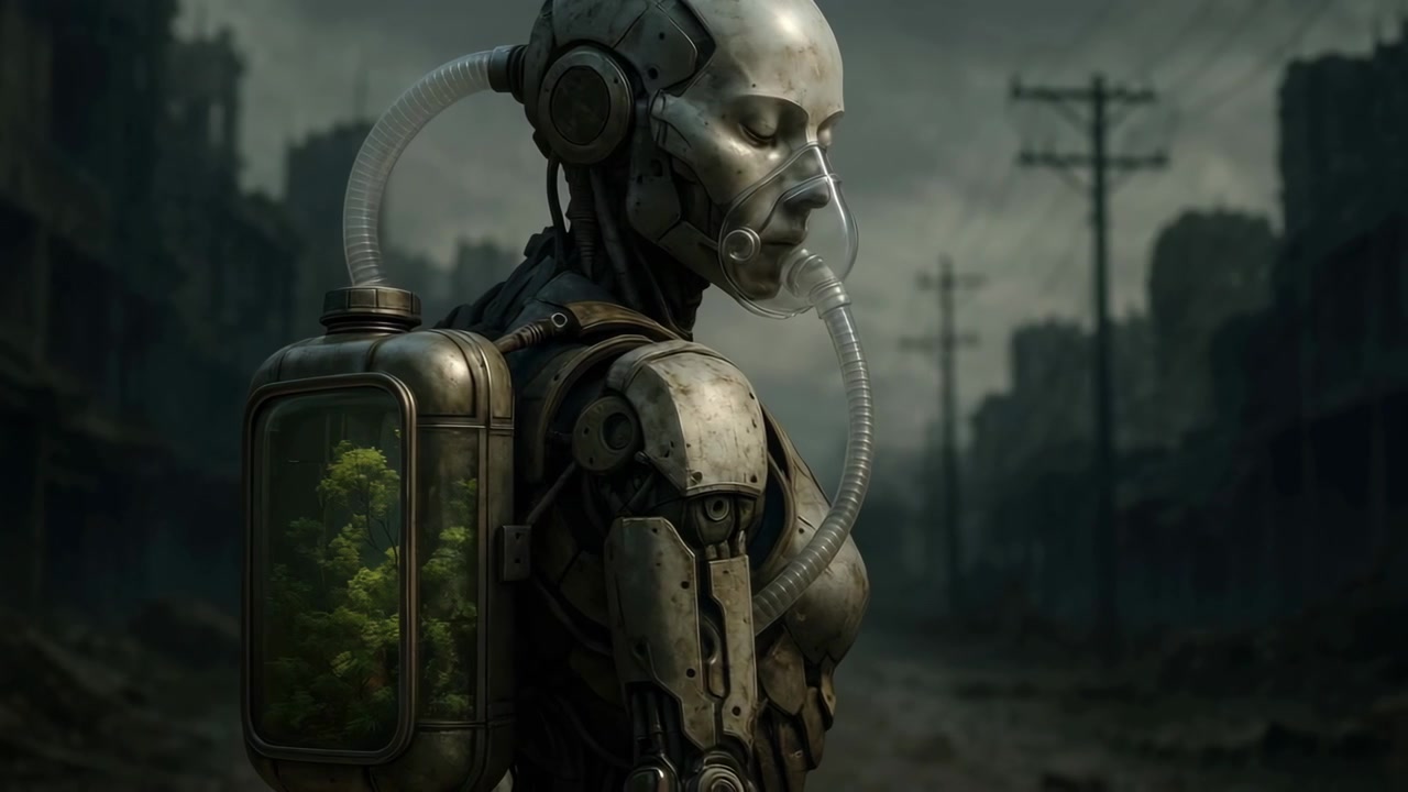 Robot s rostlinou pro udržení života prochází zničeným městem