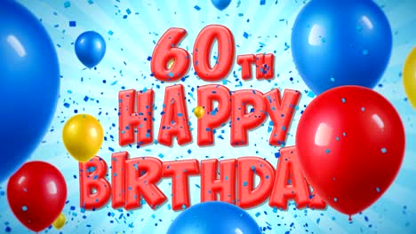 60 cumpleaños feliz texto rojo aparece en confeti popper explosiones cayendo y partículas de brillo, coloridos globos voladores animación de bucle sin fisuras para deseos saludos, fiesta, invitación, tarjeta.