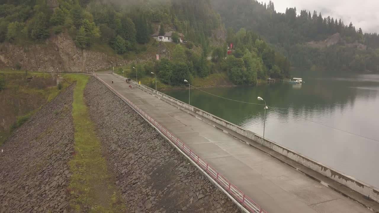 Aerial view of the dam at Colibita Lake during Tura Tu Copaci 8 Bike Race