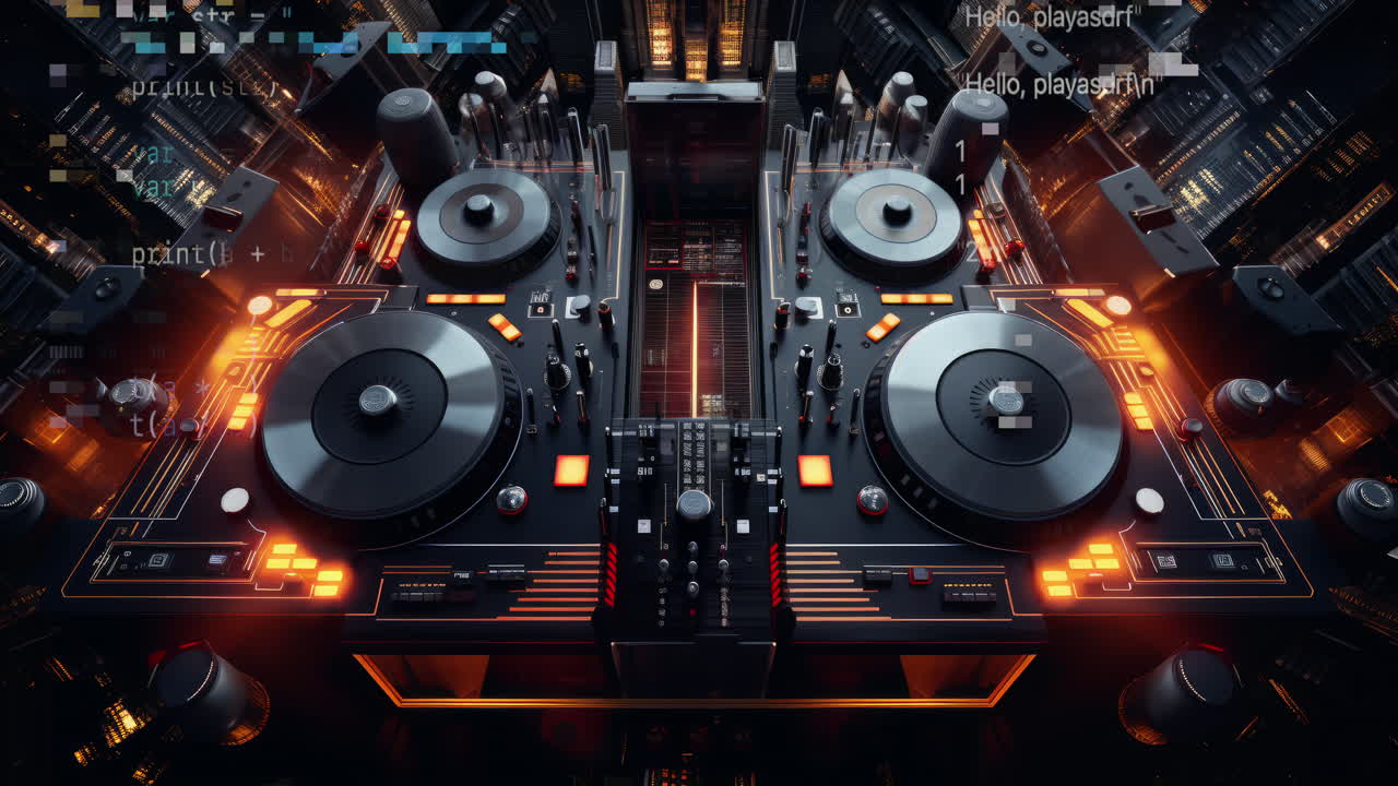 사이버 크 시의 스카이 라인과 dj 튜너 테이블