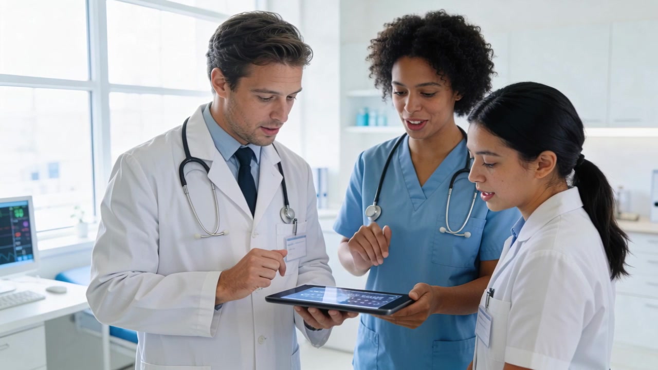 Pointing doctor starting chart review with nurse holding tablet in clinic, white coat blue scrubs