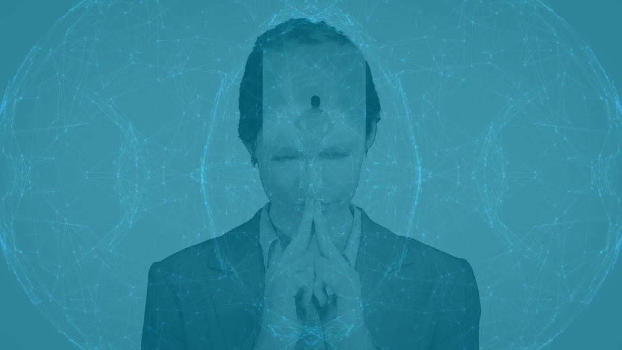 스트레스를 받은 사업가 여성이 머리를 들고 있는 연결망의 전 세계 애니메이션