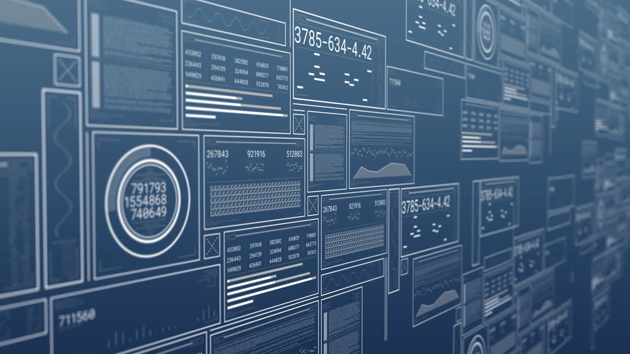 파란색 배경 위의 스크린에서 디지털 데이터 처리의 애니메이션