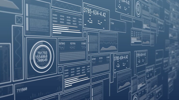 Animation of digital data processing on screens over blue background