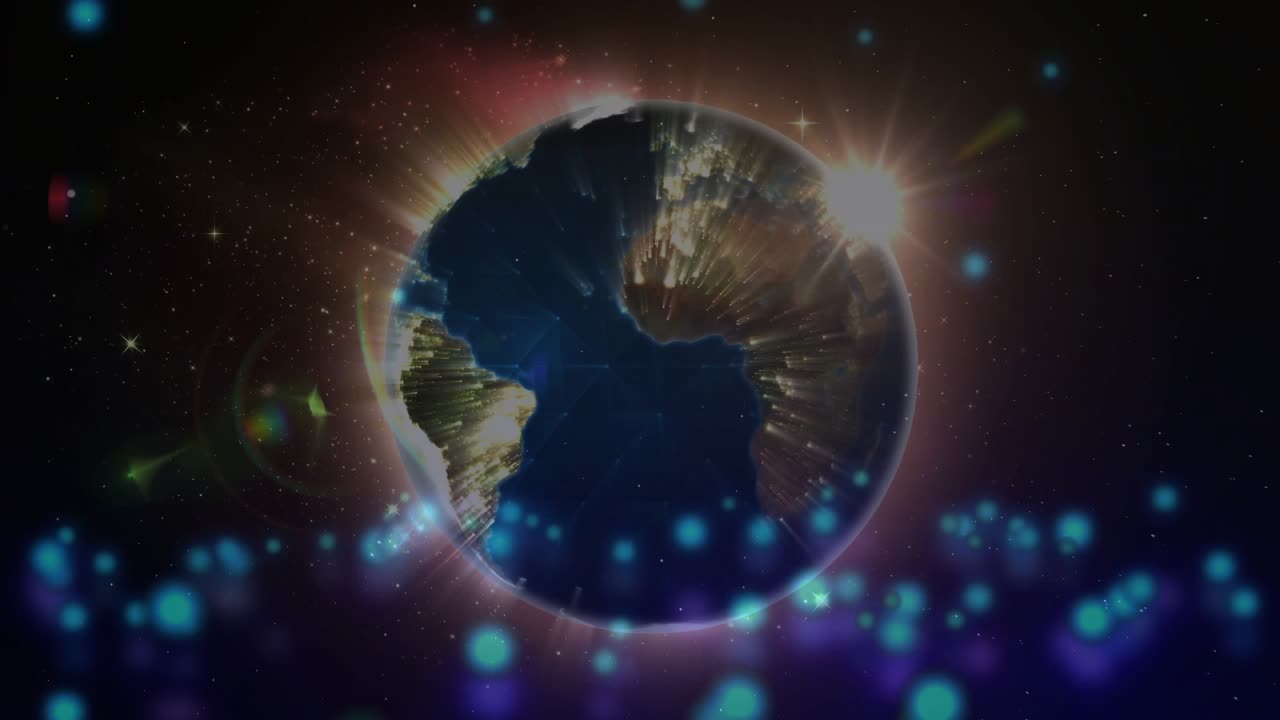 Suar matahari muncul di dekat tepi, globe berputar, kamera menjauh, partikel menampakkan benua yang menyala.