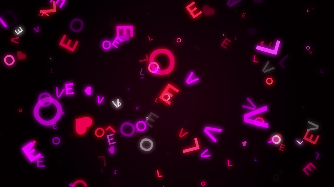 Abstract animation of chaotically flying letters of the word LOVE. Looped motion graphics. Pink symbols of love.