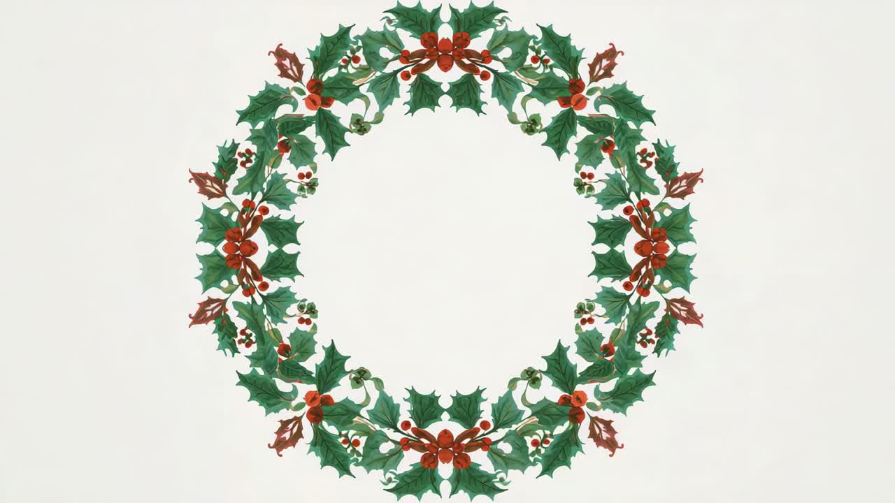 Drifting green blur initiating holly wreath rotating clockwise on light backdrop, with red berries