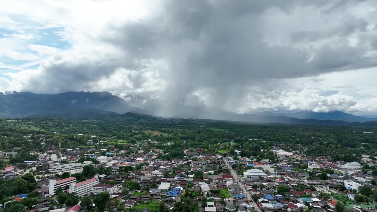 Aerial view of Pai as storm clouds sweep through northern Thailand