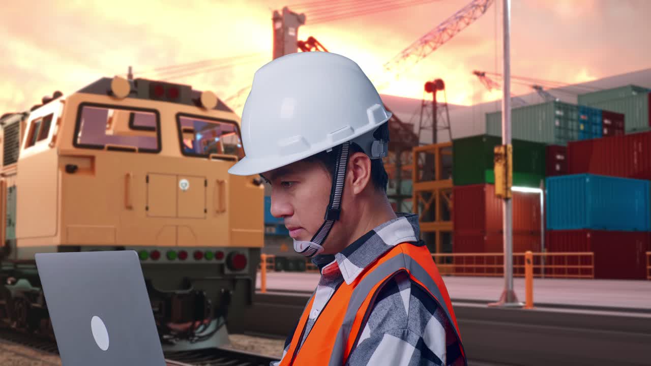 Engineer working at a train and container port