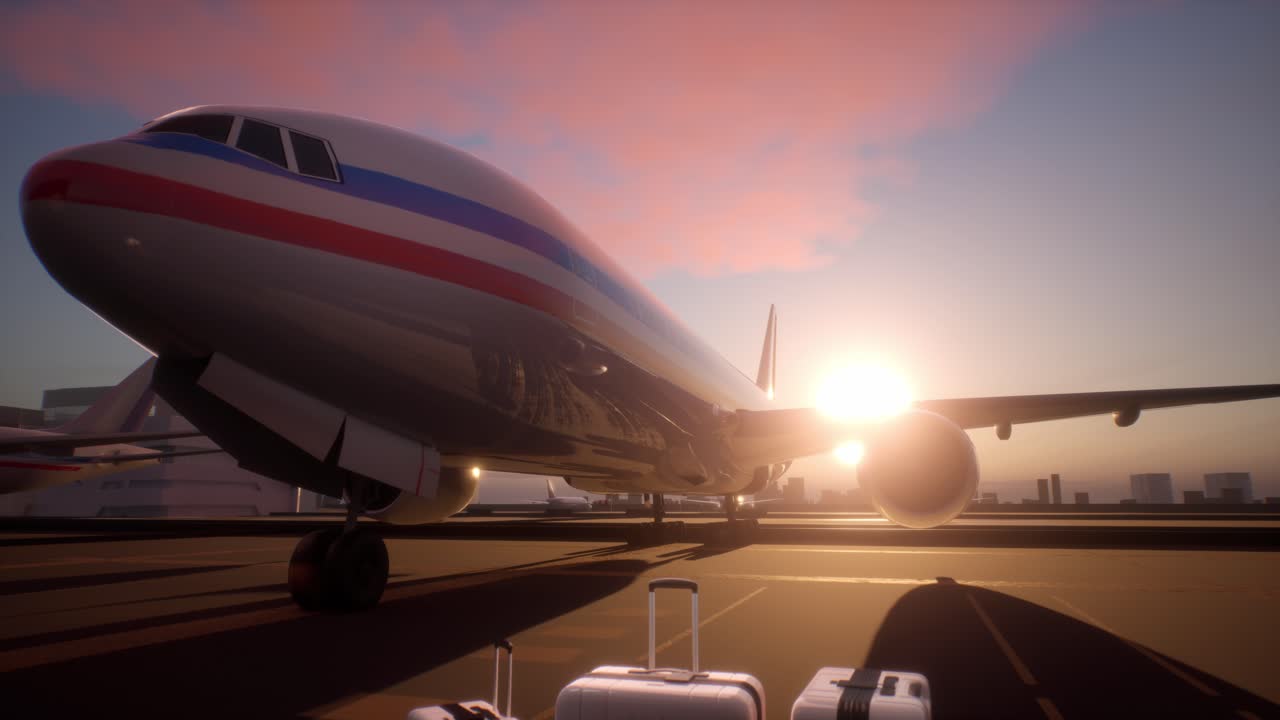 avión en el aeropuerto al amanecer o al atardecer